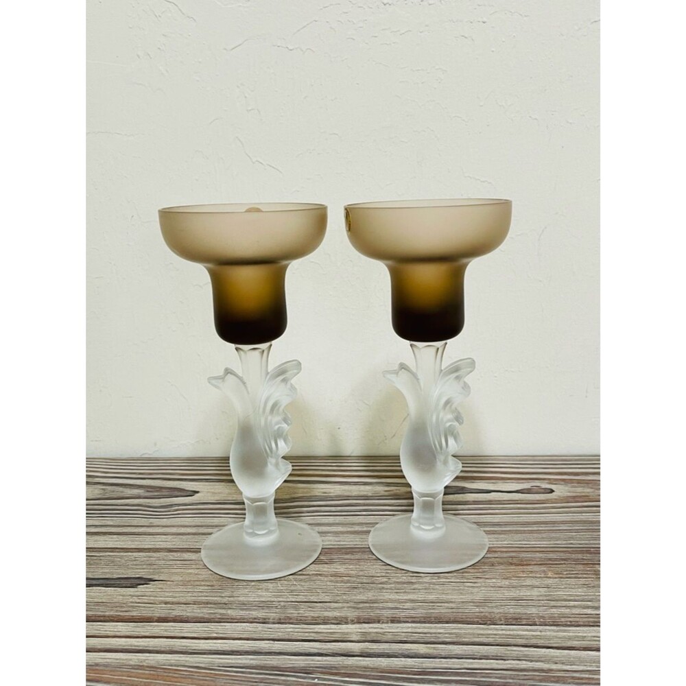 Vintage 70s Russian Frosted Glass Bird Base Candle Holders Brown Gradient 2 Set